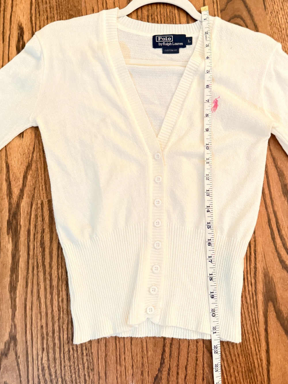 Polo by Ralph Lauren Cream Button-Up V-Neck Cardigan with Pink Pony - Picture 3 of 6